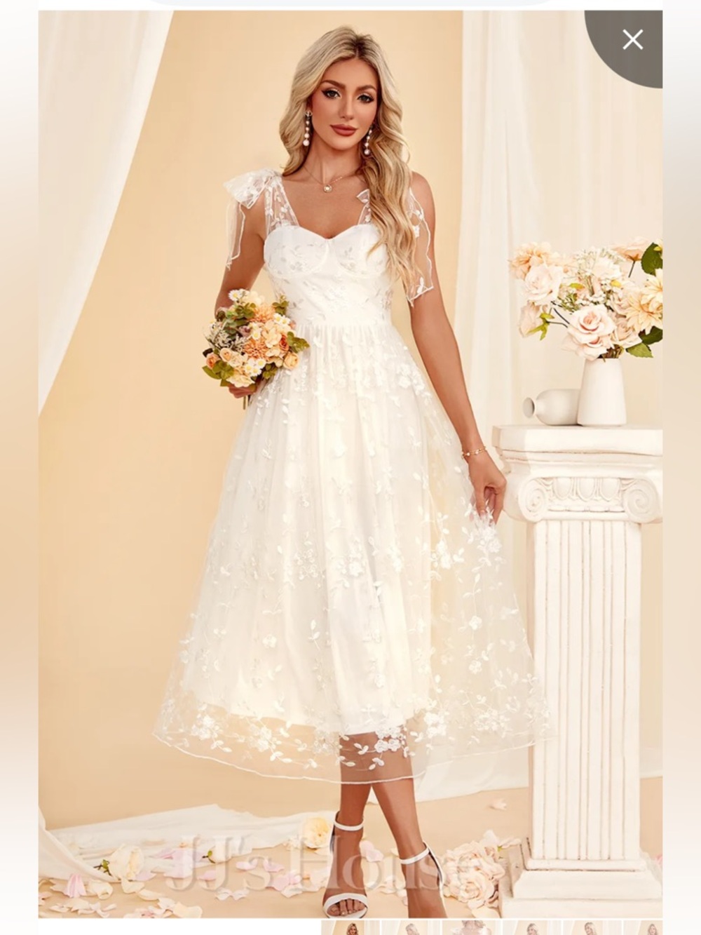 JJs House White Lace Midi Dress with Sheer Cap Sleeves